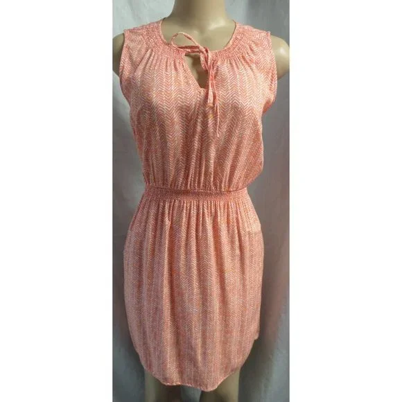 "LOFT" CORAL ABSTRACT ZIG-ZAG ELASTIC WAIST BLOUSON SPLIT NECK DRESS SZ: SP NWT - Picture 4 of 4